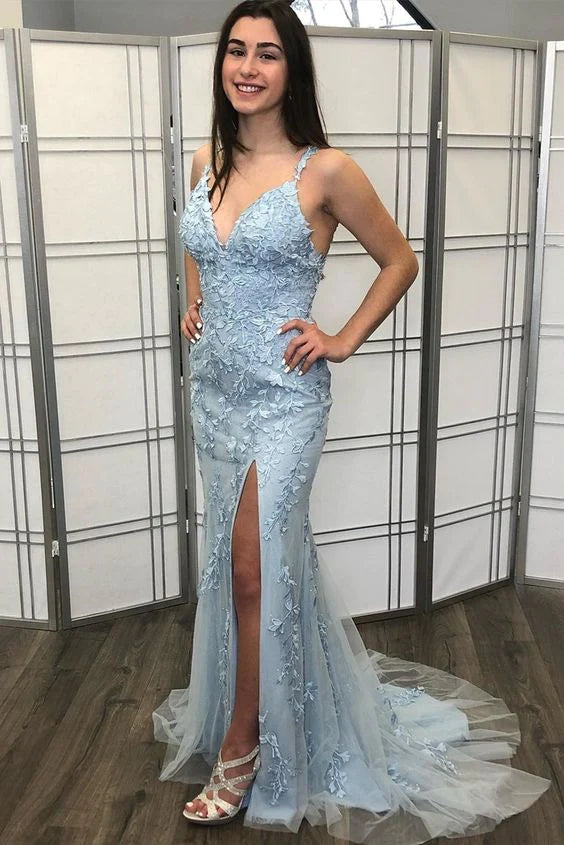 gown dress trendsLight Blue Lace Graduation Dress Mermaid Long Formal Dress