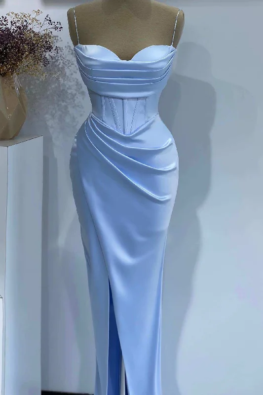 off-the-shoulder gown dressesLight Blue Spaghetti Straps Satin Pleated Long Formal Dress with Slit