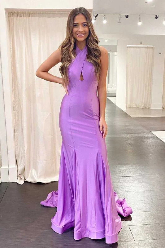 open-back gown dressesLilac Trumpet Cross Front Long Formal Dress