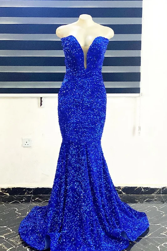 gown dress shopping guidesLong Strapless Sequin Formal Dress Royal Blue Mermaid