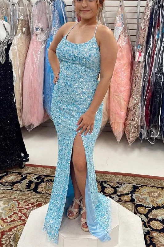 lace-up gown dressesMermaid Blue Sequins Long Formal Dress with Lace Up Back