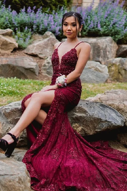 prom gown dressesMermaid Burgundy Long Formal Dress with Slit