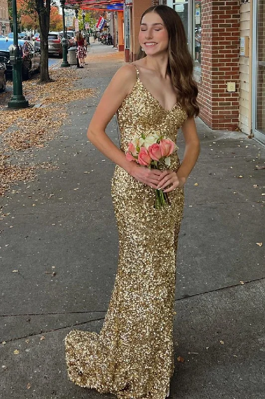 gown dress styling ideasMermaid Gold Sequin Formal Dress Long V-Neck Grad Dress Backless