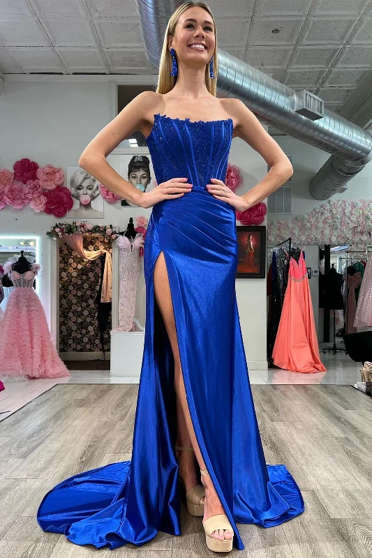 gown dresses with pocketsMermaid Long Strapless Formal Dress 2025 Lace Satin Ruching with Slit