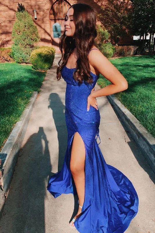 floral gown dressesMermaid Royal Blue Side Slit Long Formal Dress