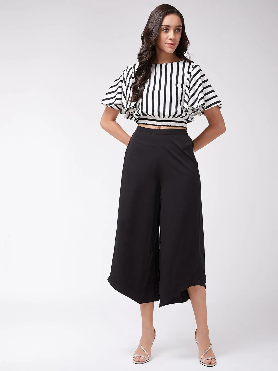 women's affordable pantsMonocromatic Stripes Crop Top With Solid Pants