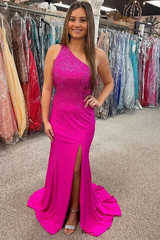 gown dresses for special occasionsNeon Pink Beaded One-Shoulder Cutout Long Formal Dress