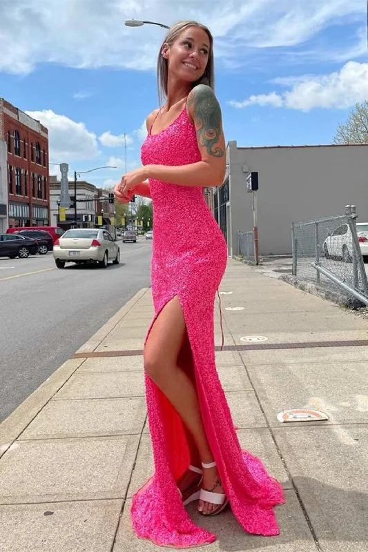 classic gown dressesNeon Pink Sequin Mermaid Long Formal Dress