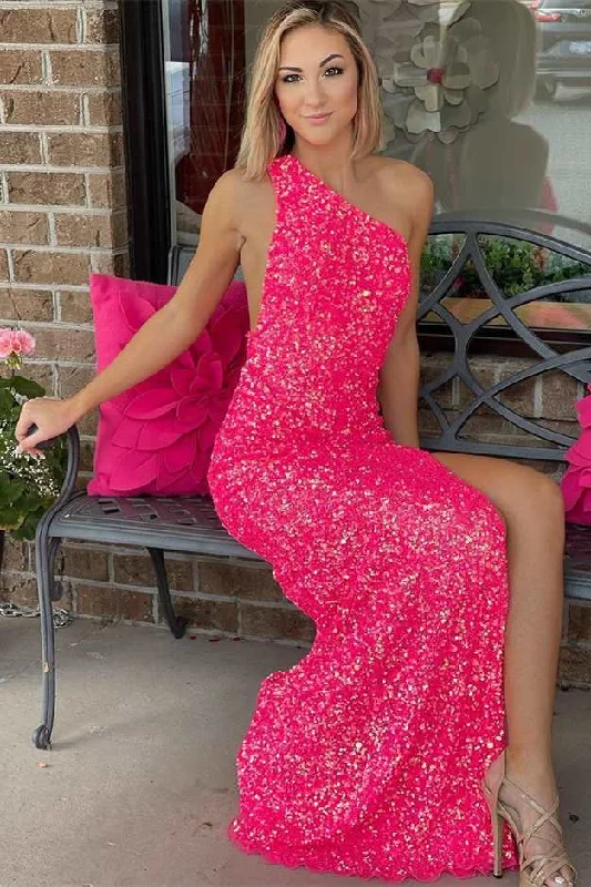 gown dresses for winterNeon Pink Sequins One-Shoulder Backless Long Formal Dress