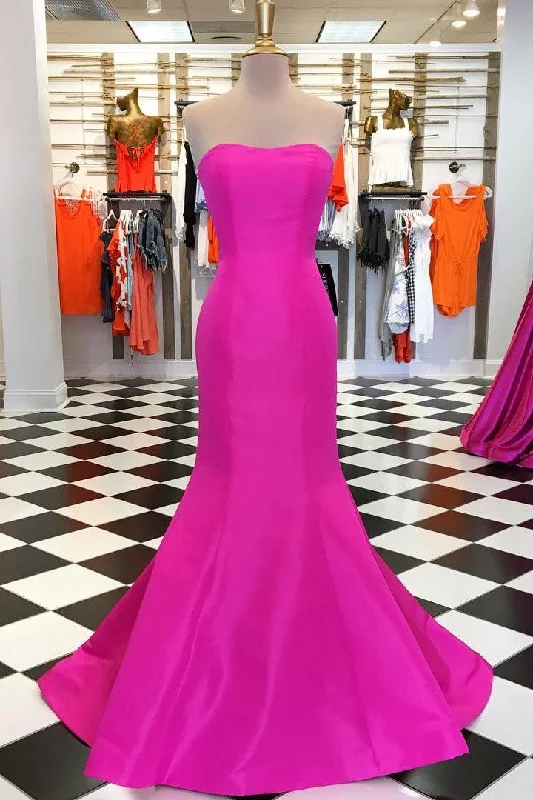 sweetheart neckline gown dressesElegant Neon Pink Strapless Satin Trumpet Long Formal Dress