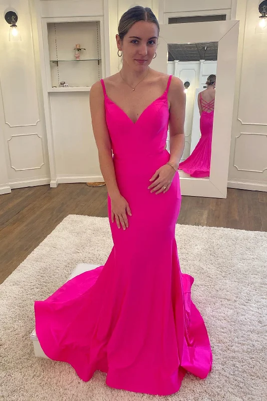 maximalist gown dressesNeon Pink V-Neck Backless Trumpet Long Formal Dress