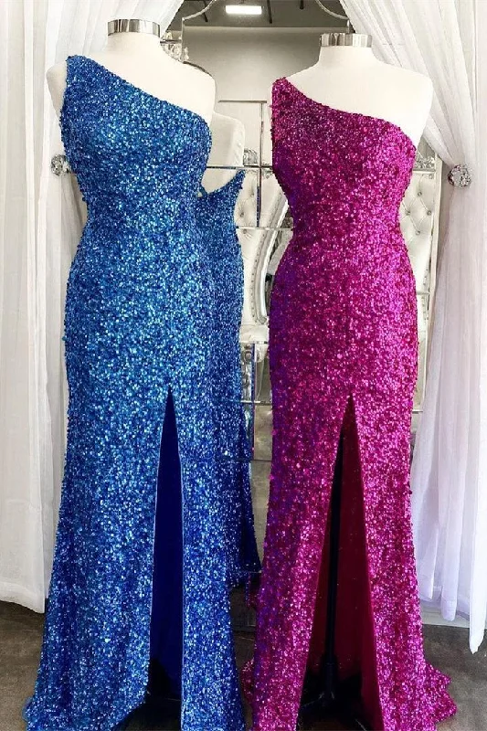 high-low gown dressesOne Shoulder Blue Sequins Mermaid Long Formal Dress