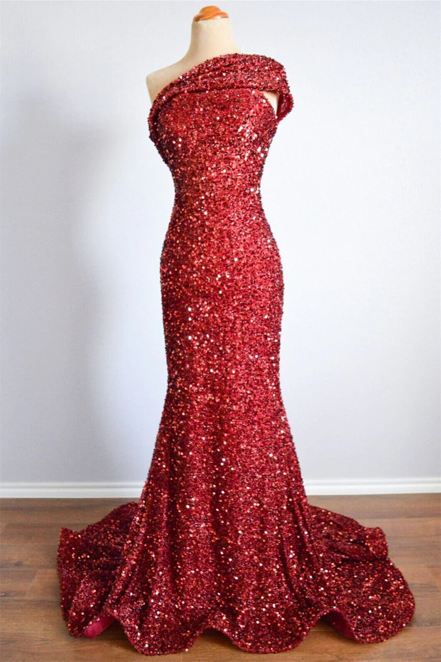 luxurious gown dressesOne Shoulder Long Sequins Formal Dress Burgundy Mermaid