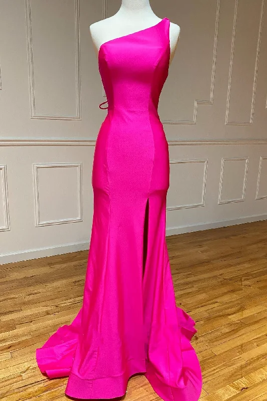 luxurious gown dressesOne-Shoulder Neon Pink Mermaid Long Formal Dress