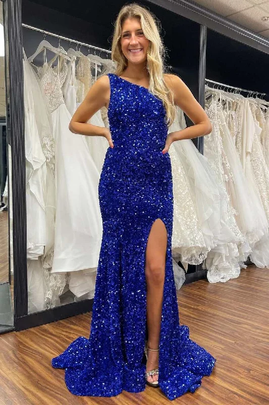 gold gown dressesOne-Shoulder Royal Blue Sequin Mermaid Long Formal Dress