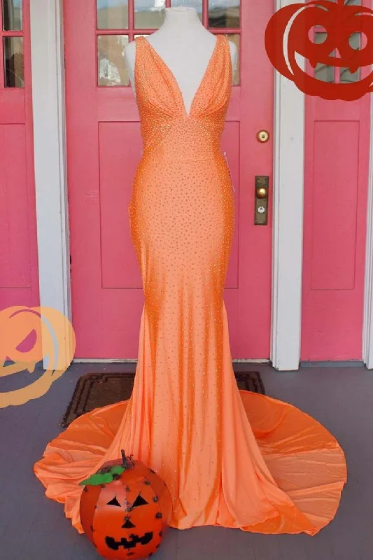 gown dress styling ideasOrange Beaded V-Neck Empire Long Formal Dress