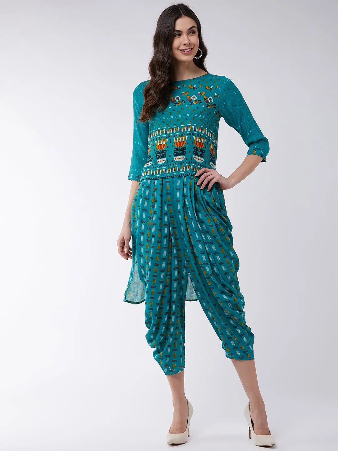 women's wool pantsPastel Printed High-Low Top With Dhoti Pants