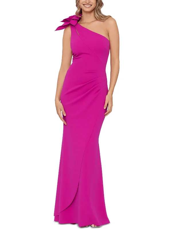 cap sleeve gown dressesPetites Womens Pleated One Shoulder Formal Dress