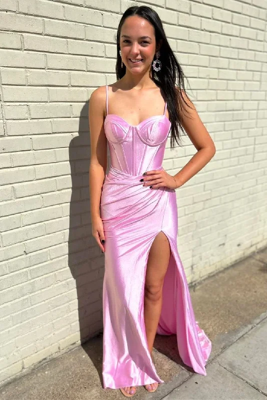 gown dress styling ideasPink Corset Spaghetti Strap Mermaid Long Formal Dress with Slit