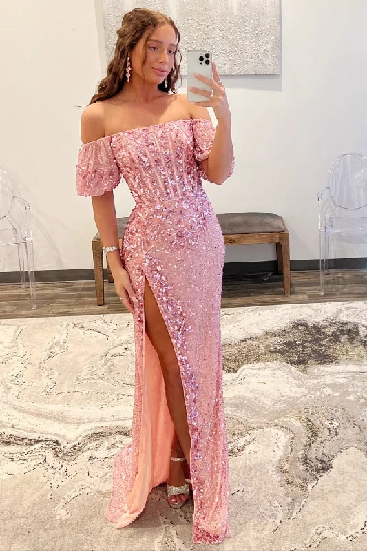 ivory gown dressesPink Sequin Off-the-Shoulder Long Formal Dress with Puff Sleeves and Slit