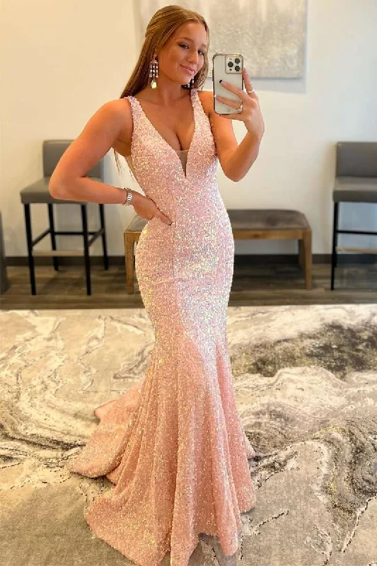 minimalist gown dressesGlitter Plunge Pink Sequin Trumpet Long Formal Dress