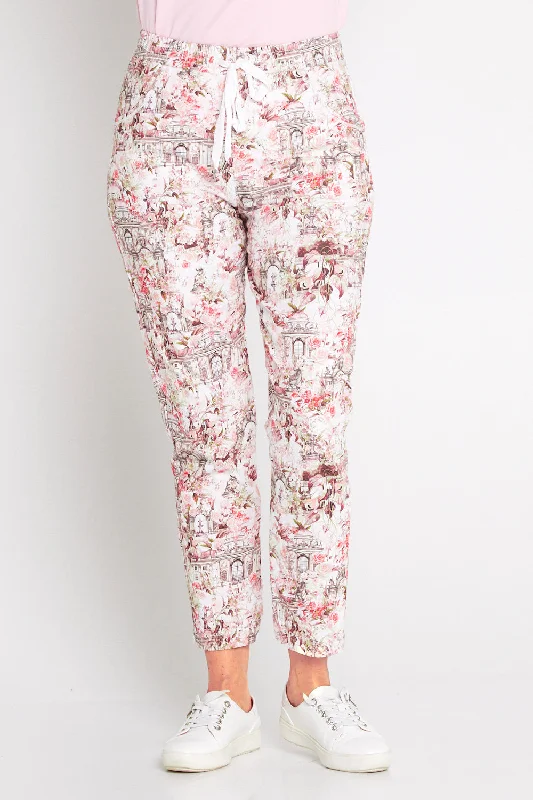 women's convertible pantsPrinted Crushed Drawstring Pants - Floral Buildings