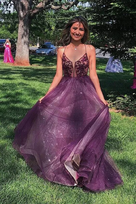 evening gown dressesPurple A-line Tulle and Appliques Long Formal Dress