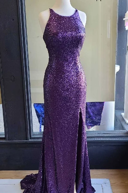 plus-size gown dressesPurple Sequins Mermaid Scoop Long Formal Dress