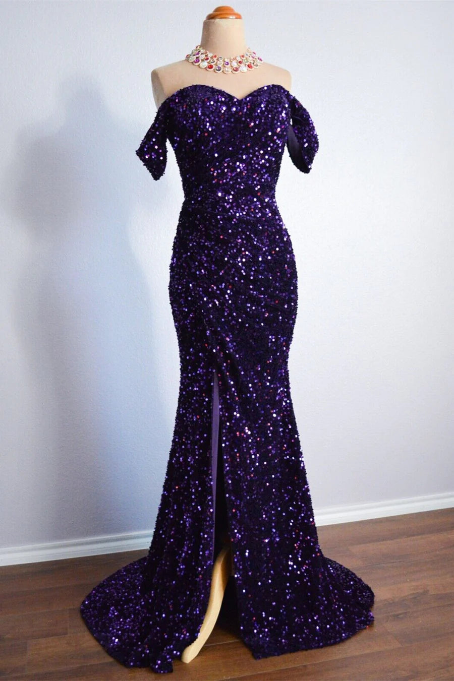 classic gown dressesPurple Sparkly Long Formal Dress Mermaid Off-Shoulder Slit