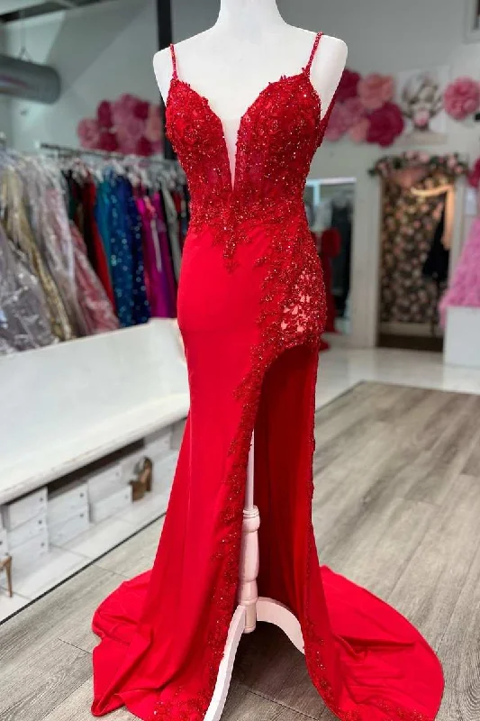 sleeveless gown dressesRed Applique Plunge V Mermaid Long Formal Dress with Slit