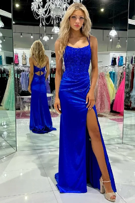 gown dress rental servicesRed Appliques Lace-Up Mermaid Long Formal Dress with Slit