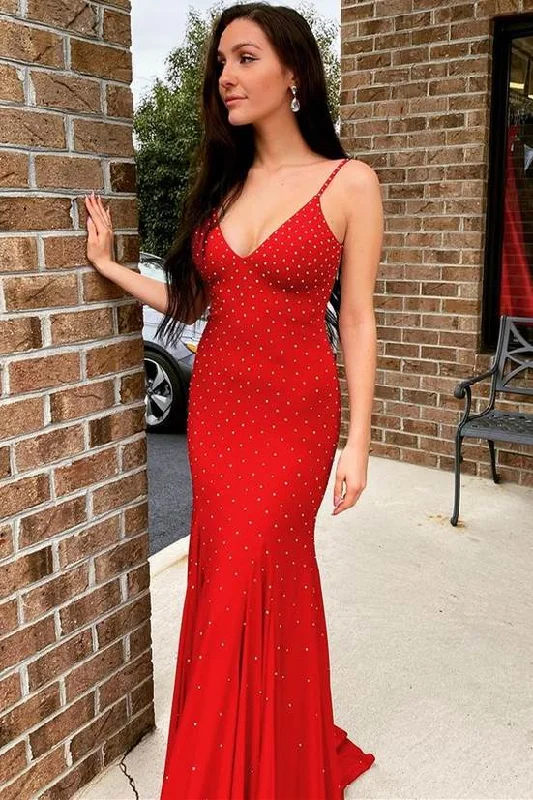 gown dresses for summerRed Bead Straps Backless Mermaid Long Formal Dress