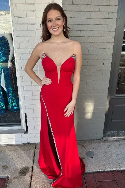 velvet gown dressesRed Bead-Trimmed Strapless Long Formal Dress with Slit