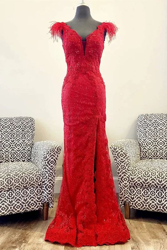 bridesmaid gown dressesRed Feather Plunge V Mermaid Long Formal Dress with Slit