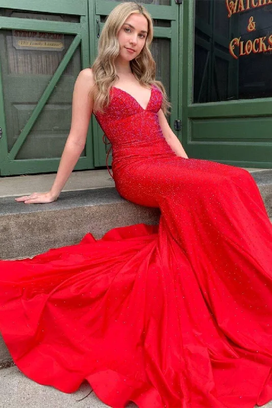 dark gown dressesRed Mermaid Beaded Long Formal Dress