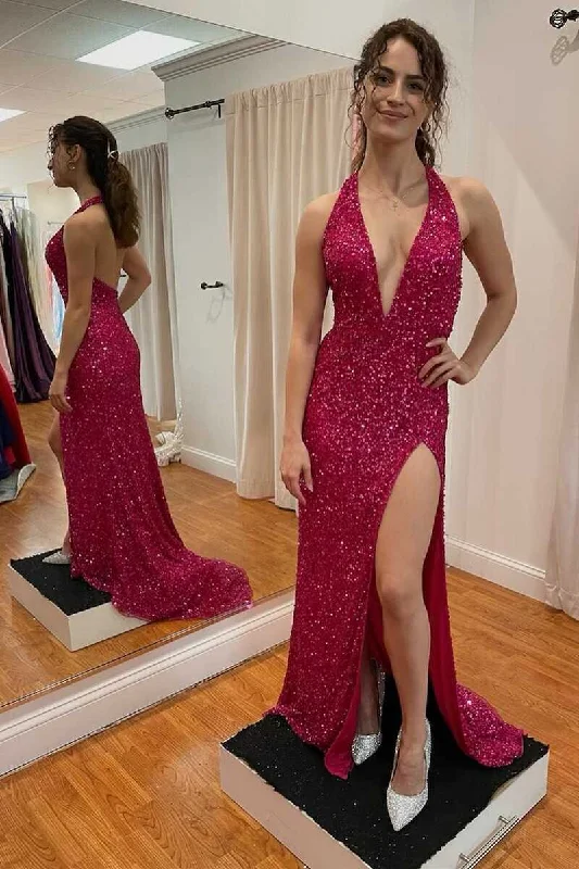 gown dress alterations adviceRed Sequin Halter Backless Long Formal Dress with Side Slit