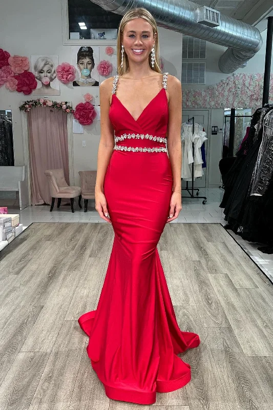 gown dress shopping guidesRed Surplice Open Back Beaded Mermaid Long Formal Dress