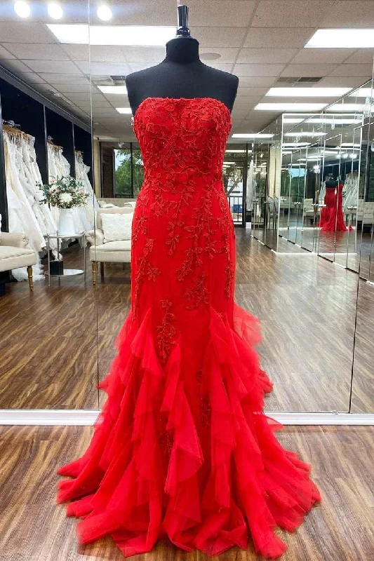 satin gown dressesRed Tulle Strapless Appliques Mermaid Long Formal Dress