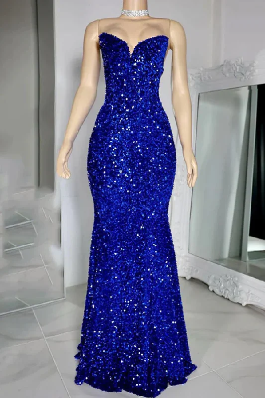 gown dress colors of the seasonRoyal Blue Iridescent Graduation Dress Strapless Sequined Formal Dress