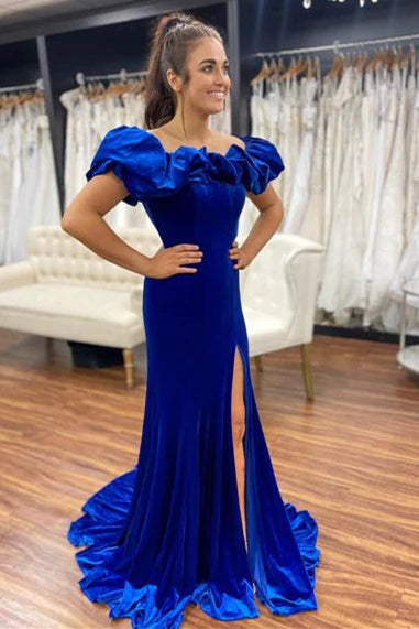 A-line gown dressesRoyal Blue Long Formal Dress Winter Velvet Ruffle Off Shoulder with Slit