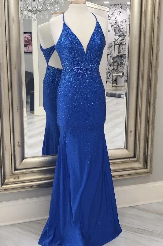 gown dress accessoriesRoyal Blue Beaded Backless Mermaid Long Formal Dress