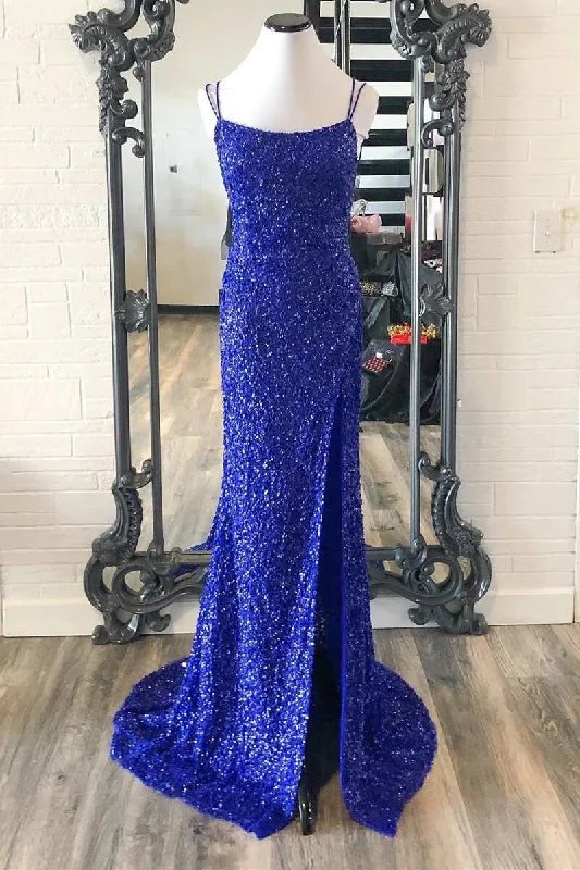 bodycon gown dressesRoyal Blue Sequin Double Straps Mermaid Long Formal Dress