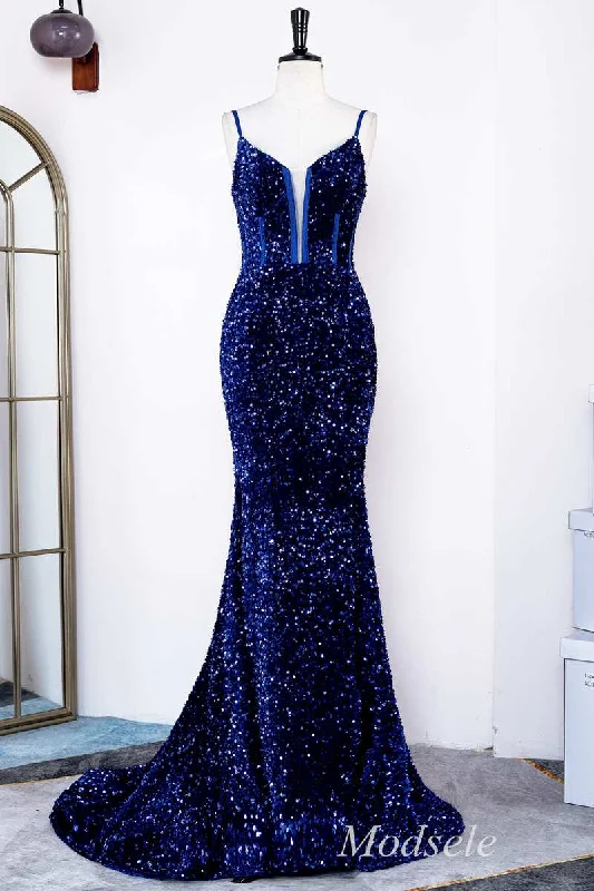 nude gown dressesRoyal Blue Sequin Spaghetti Strap Mermaid Long Formal Dress