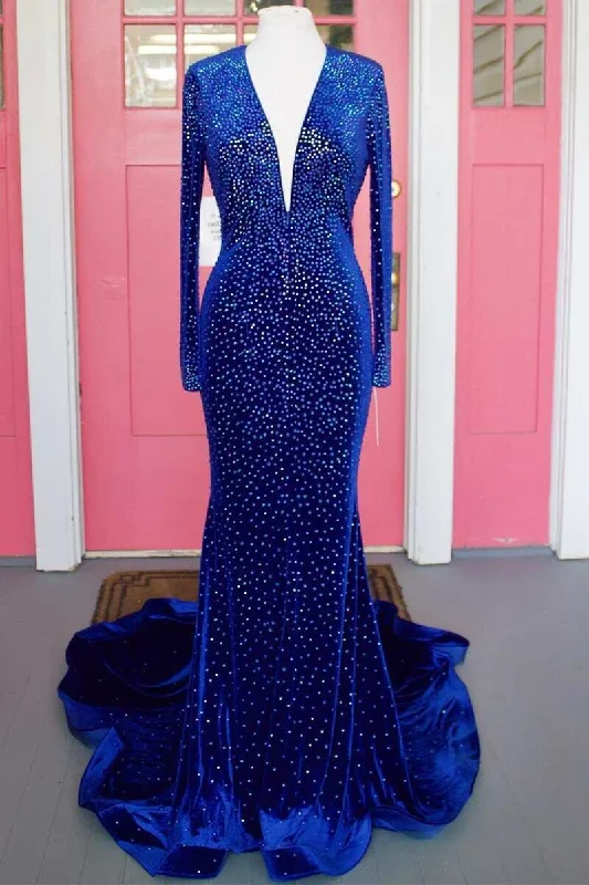 convertible gown dressesRoyal Blue Velvet Beaded Long Sleeve Mermaid Long Formal Dress