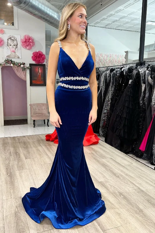 gown dress fitting tipsRoyal Blue Velvet V-Neck Beaded Strap Mermaid Long Formal Dress