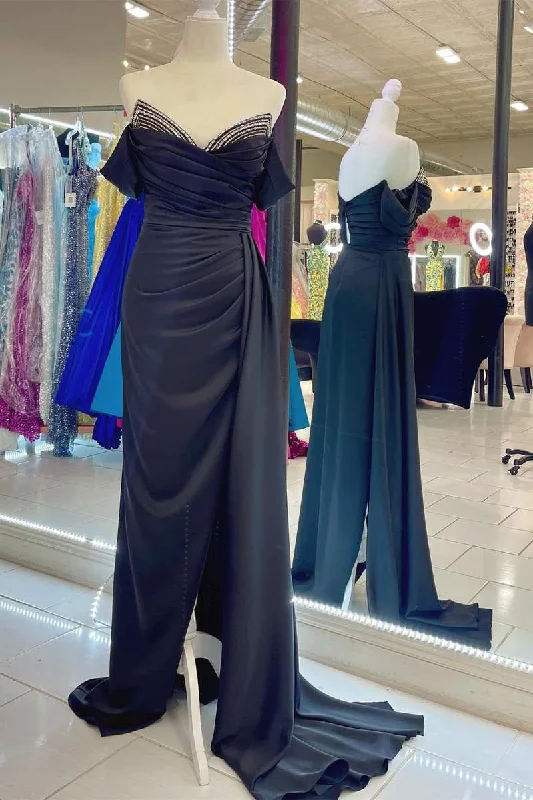 flowy gown dressesRuching Black Off-the-Shoulder Long Formal Dress with Attached Train