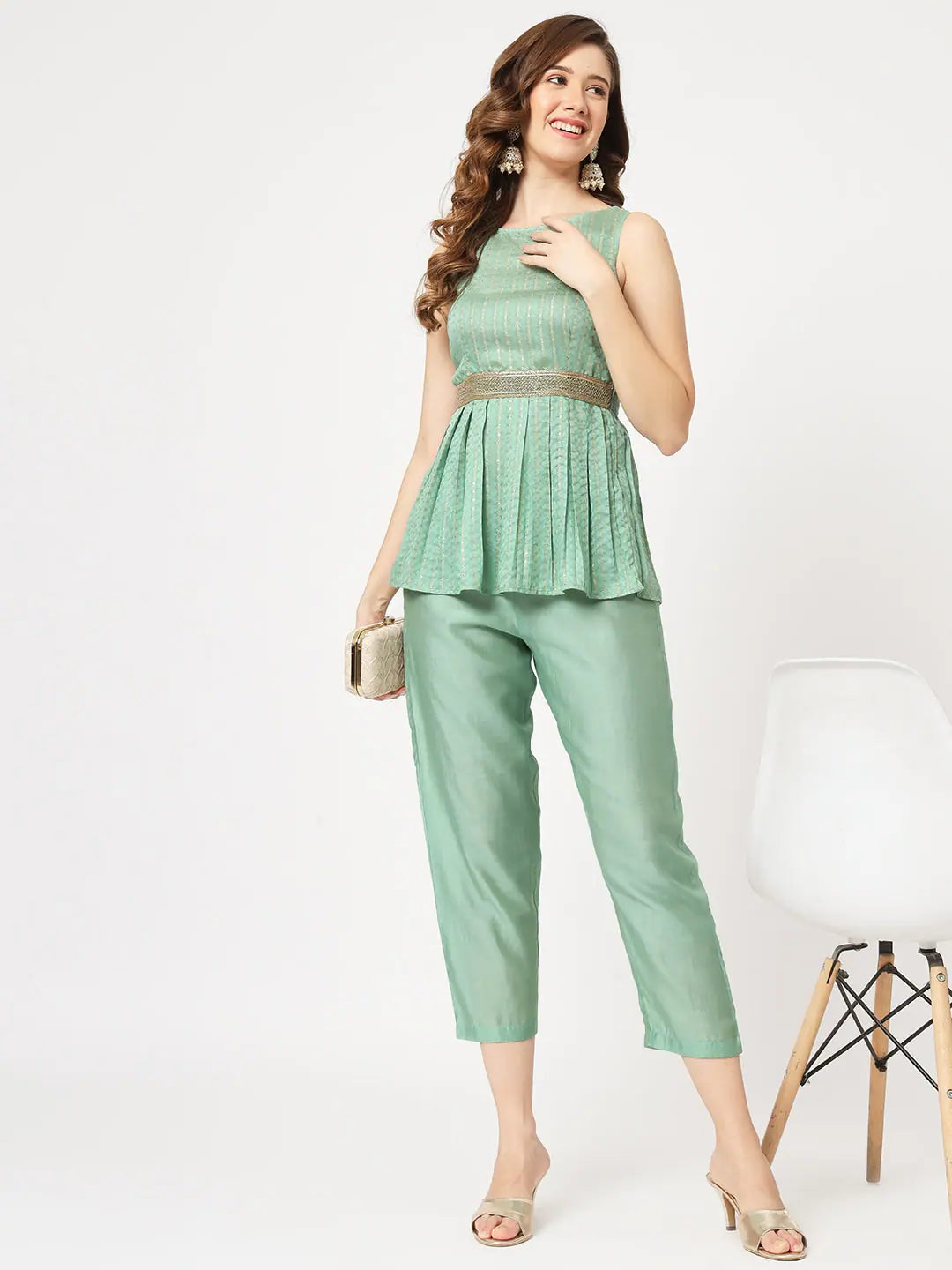 women's satin pantsSelf-Embellished Pleated Peplum Style Top With Pants Set