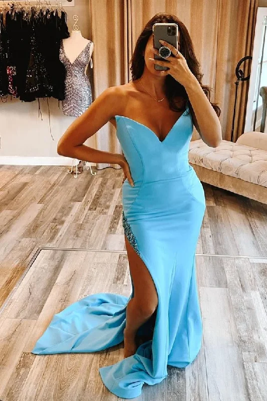 fitted gown dressesSexy Mermaid Blue Long Formal Dress with Slit