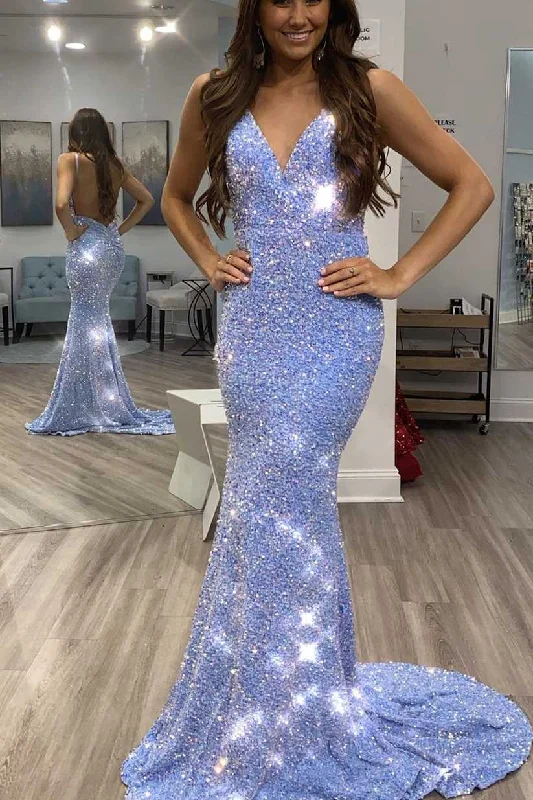 custom gown dressesShiny Blue Sequins Mermaid Long Formal Dress