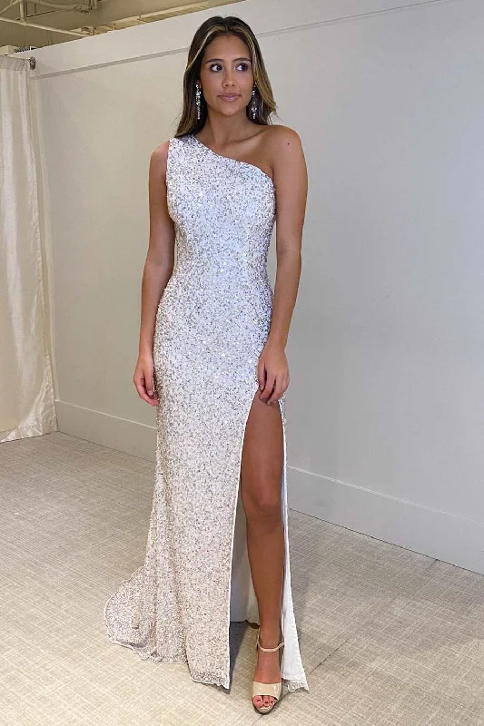 animal print gown dressesSilver Sequin One-Shoulder Lace-Up Back Long Formal Dress with Slit